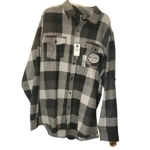 Burnside Black Plaid Flannel Long Sleeve Mill House Brewing Co Patch Shirt M NWT